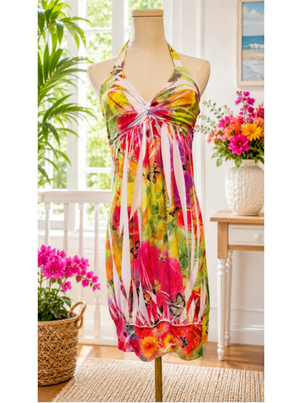 Chesley Women's Tropical Floral Butterfly Halter Dress Padded Bra Multicolor M